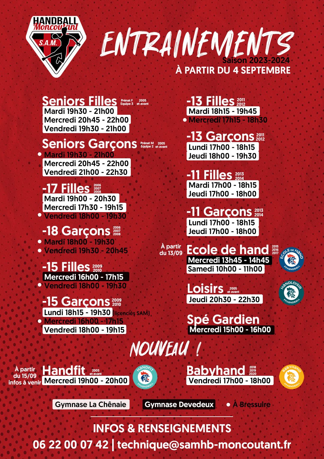 Planning des entraînements - SAM HANDBALL MONCOUTANT